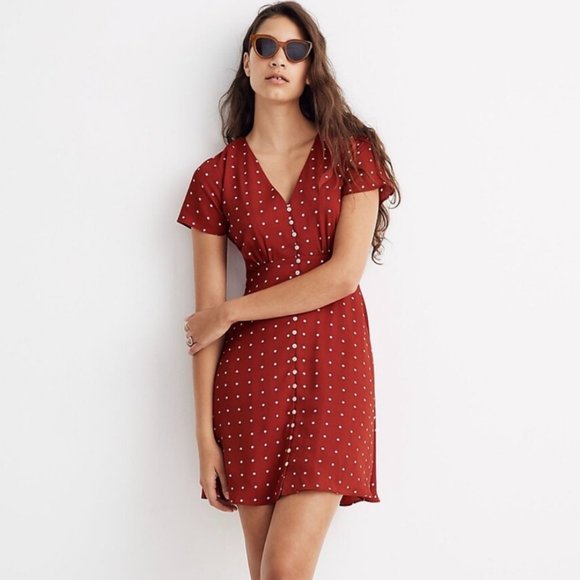 Madewell - Button-Front Swing Dress in Grid Dot, Red - Picture 1 of 10